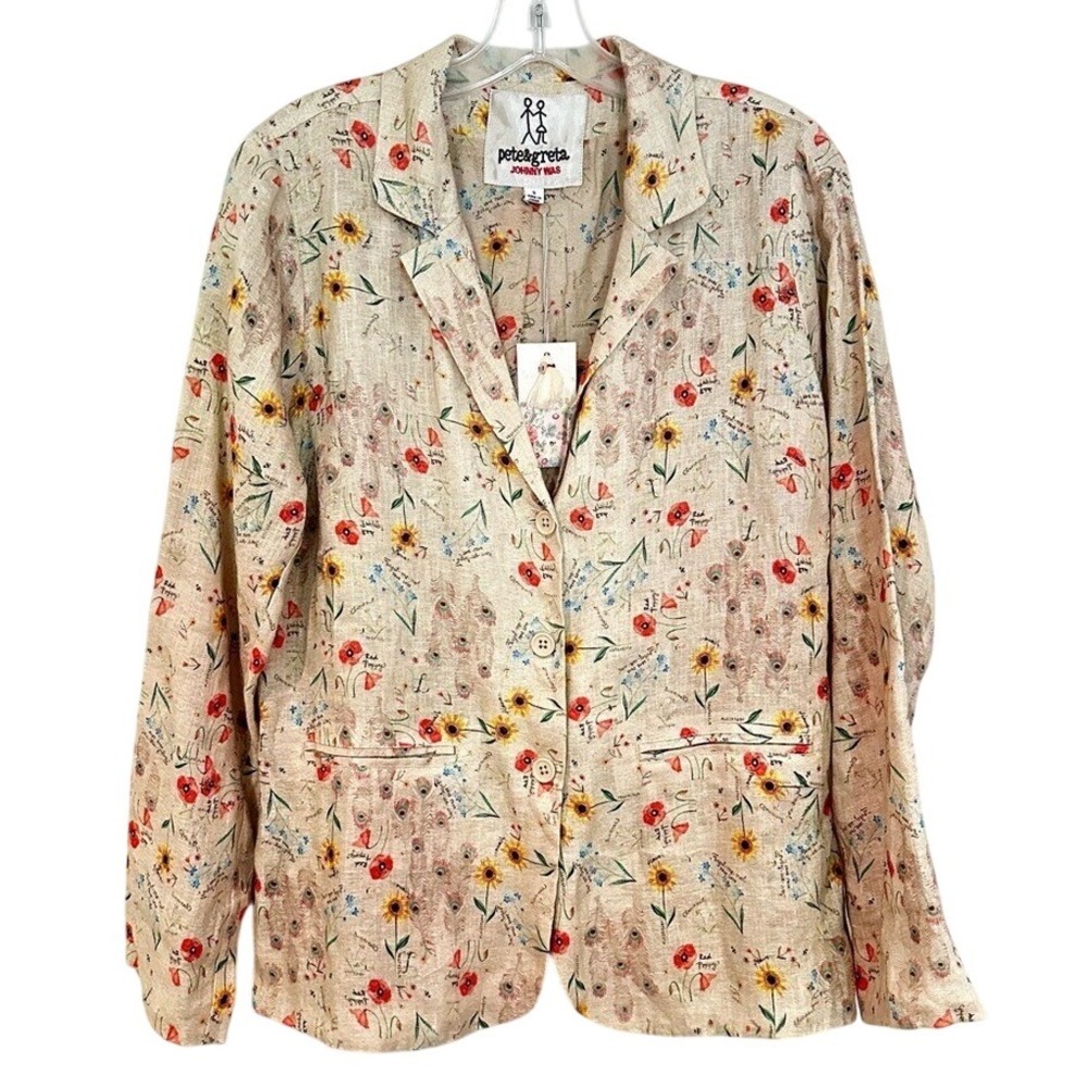 Pete & Greta‎ Johnny Was Floral Linen Blazer Jacket Women's Small Tan Red NWT